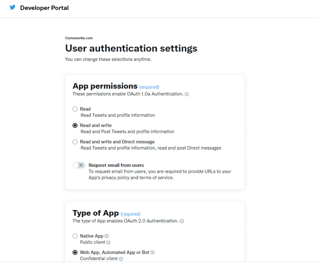 Twitter App permissions and User authentication settings