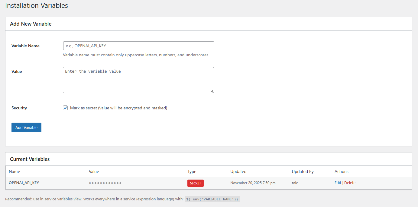 Installation variables - secure store
